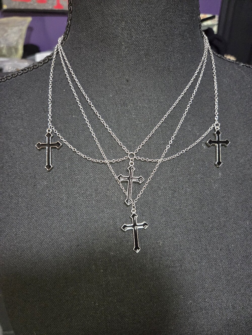 Spirit Halloween Multi Chain Cross Necklace Black Silver Goth Emo Punk Layered